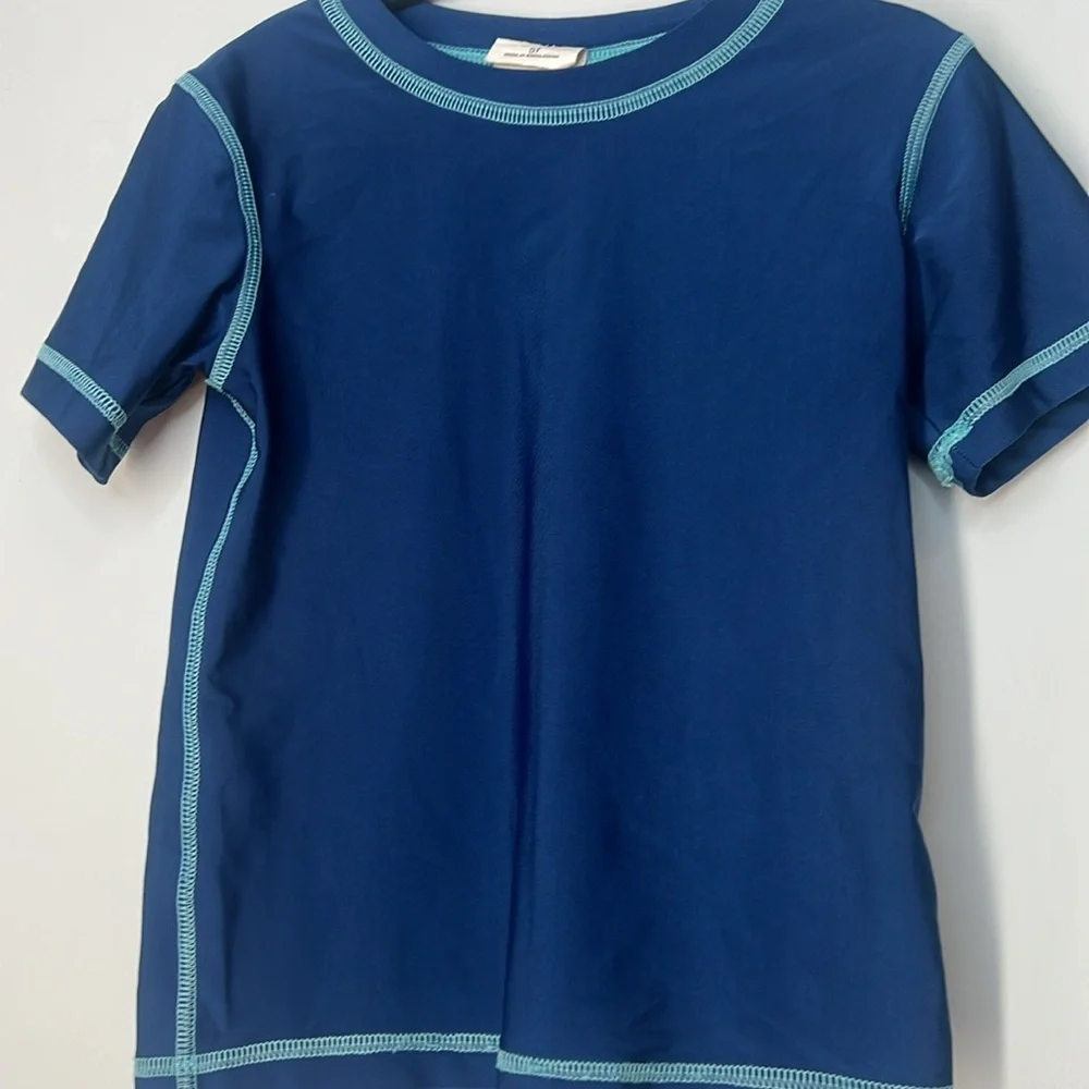 Cat &‎ Jack Blue Pink Cream Striped Swim Shorts Set Navy Short Sleeve Rashguards